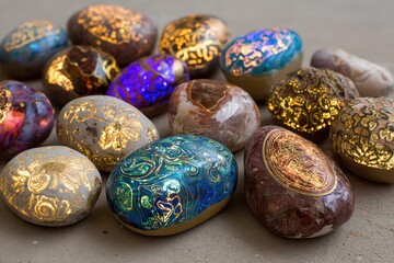 Group of Painted Rocks with Intricate Gold Patterns on Neutral Sandy Surface Artistic Decorative Stones