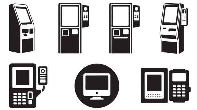 Black and white vector icon set featuring various self-service kiosks, payment terminals, and automated transaction machines for modern digital interfaces