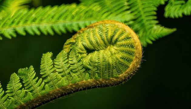 Close-up of a vibrant green fern fiddlehead unfurling in nature.