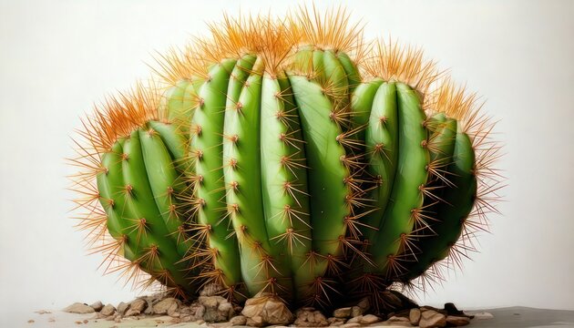 Close-up of a vibrant green cactus with orange spines, isolated on white.
