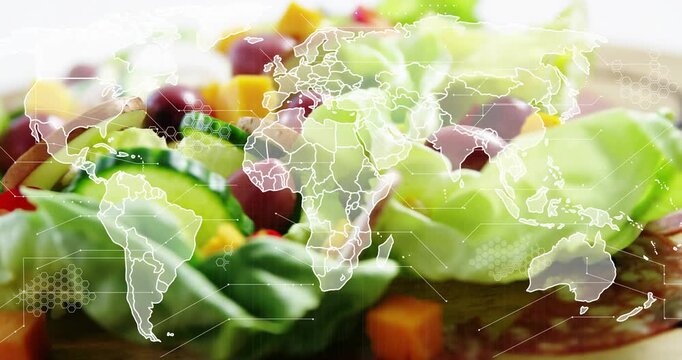 World map fading in after one second, adding hex pattern while camera highlighting salad textures