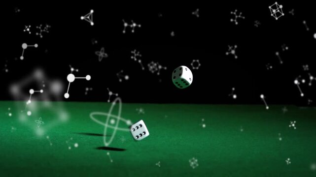 Particle burst sending two dice tumbling across green felt, casting shadows to show randomness