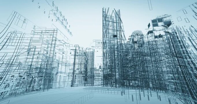 Futuristic Building Framework: Intricate Blueprints And Steel Grid For Urban Architecture