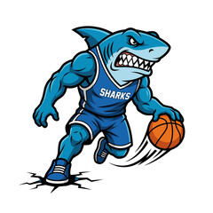 Blue Shark Mascot Dribbling Basketball in Uniform