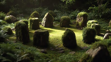 Misty Stone Circle Covered with Moss in a Lush Green Forest Glade Illuminated by Soft Sunlight Creating a Mystical and Enchanting Atmosphere
