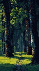 Pixel Art Forest Scene with Sunlight Streaming Through Trees Tall Trees Green Foliage and Lush Grass in Detailed Pixelated Style