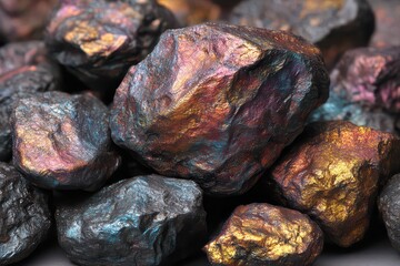 Pile of Iridescent Metallic Rocks with Shimmering Colors and Rough Texture Displayed in a Close Up Still Life with Soft Lighting