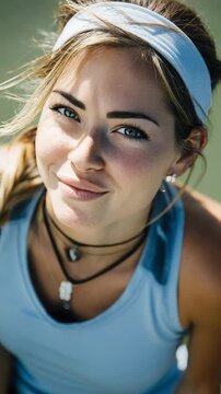 Young woman with blue eyes and blonde braid makes a kissy face while wearing a headband