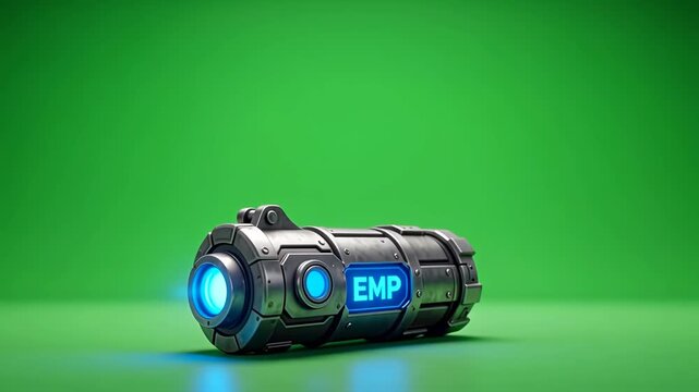 Futuristic EMP Device with Glowing Blue Lights on Green Screen