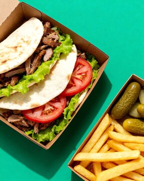 Delicious doner kebab and fries in cardboard boxes