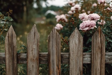 Rustic Wooden Fence Adorned with Blooming Pink Roses in a Lush Green Garden