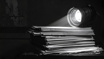 Spotlight illuminates stack of papers; black and white (1)