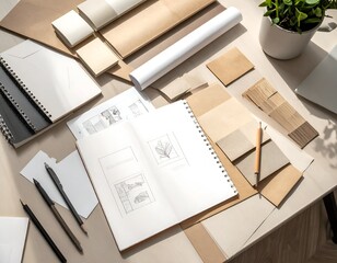 Still life of stationery & design elements on a bright table