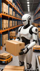 Fototapeta premium A robot is in a warehouse, lifting a box from the conveyor belt. There are many storage racks filled with boxes around. Small robots are moving on the floor