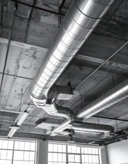 Overhead view of industrial ceiling with HVAC pipes and concrete