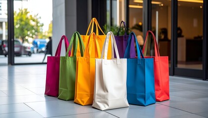 Colorful shopping totes arranged outside a modern building's entrance