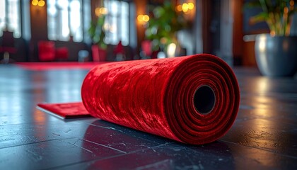 Rolled crimson carpet unfurls in elegant, dimly lit interior