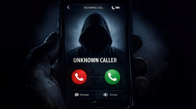 A hand holds a smartphone displaying an incoming call from an unknown caller. The screen shows options to accept or decline the call. The background is dark, creating a mysterious vibe
