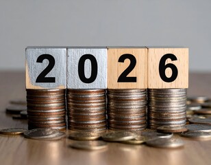 2026 printed on blocks atop coin stacks, financial planning concept