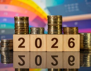 Wooden blocks reading "2026" with coin stacks, reflecting on a glass surface