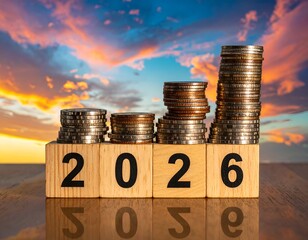 Wooden blocks spelling "2026" with increasing stacks of coins, sunset