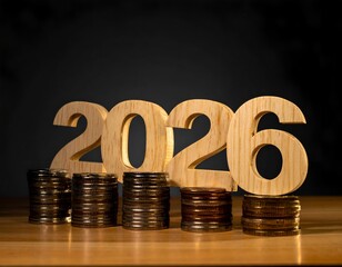 Wooden 2026 with coins stacked on a wooden surface, dark background