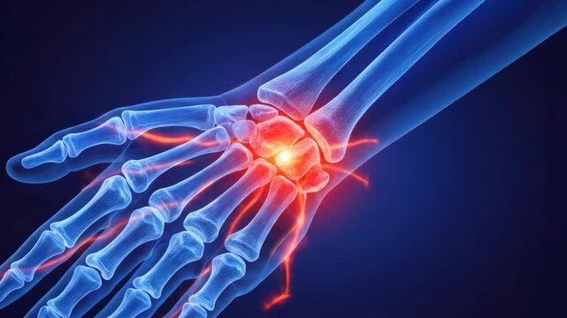 3D medical illustration of a human hand skeleton with a glowing red highlight on the wrist joint, representing arthritis pain, inflammation, carpal tunnel syndrome, or bone fracture on a blue x-ray.