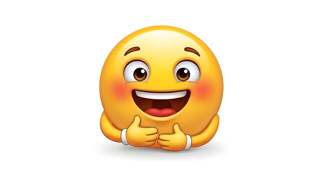 A cheerful yellow emoji with a big smile and closed eyes, hugging itself tightly.