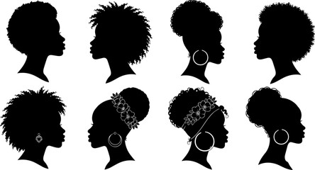 African women silhouette profiles with diverse afro hairstyles, elegant black female portraits celebrating natural hair, beauty culture, fashion identity, diversity illustration collection © Goutom