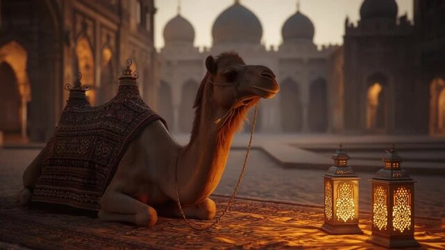 Camel Resting Near Mosque During Ramadan Evening