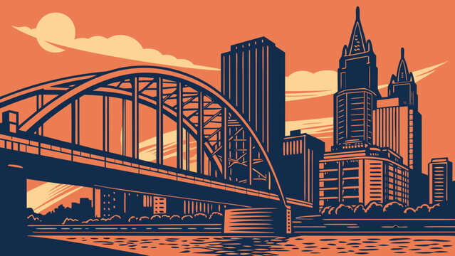 Pittsburgh skyline with a bridge over the river, capturing the iconic cityscape. Suitable for travel guides, promotions, and citythemed projects.