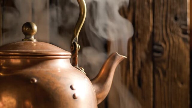 A copper kettle with steam rising from its spout on a wooden background