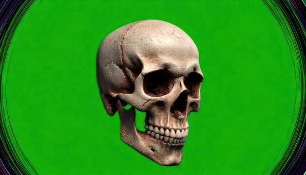 Skull on Green Background with Decorative Border.