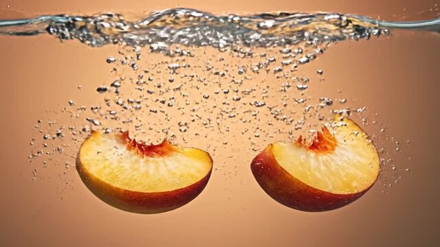 Fresh peach slices splashing into clear water with air bubbles and motion