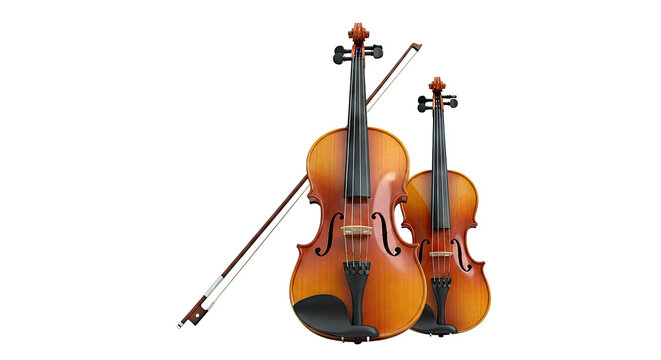 Two violins and a bow against a white background