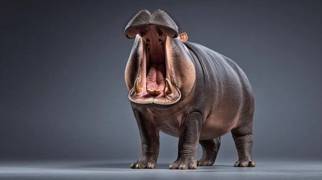 A majestic hippopotamus stands with its mouth wide open, showcasing its powerful jaws and teeth in a dramatic display against a dark, studio-like background, highlighting its formidable presence