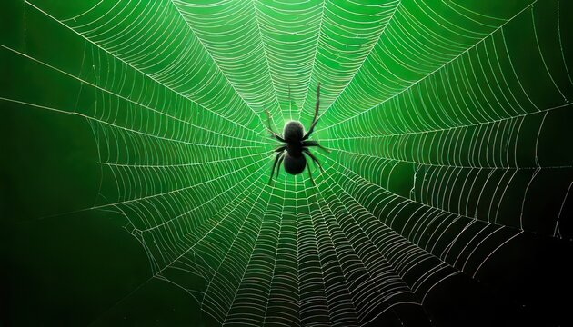 Spider in its web against a green background, close-up.