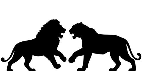 silhouette of a tiger and a lion fighting on a white background © Kuldi