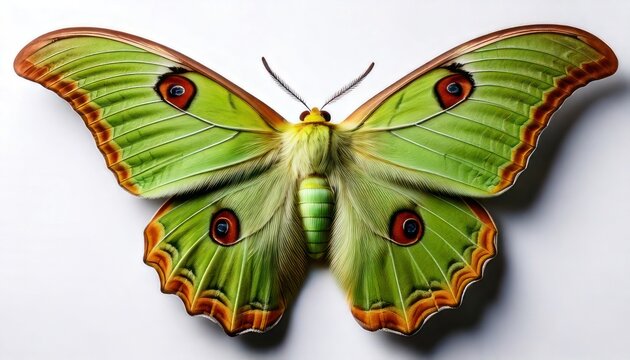 Stunning Emperor Moth with Green Wings and Eye Spots.