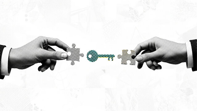 Halftone Hands Puzzle Pieces Key Teamwork Solution Concept