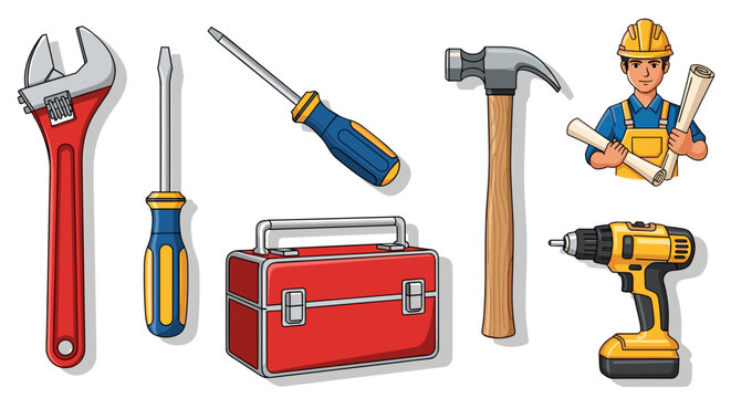 A set of colorful cartoon tools and a worker in a yellow hard hat