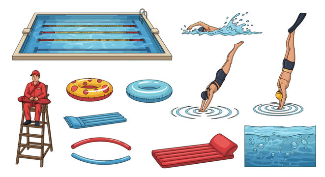 A colorful illustration of swimming pool elements and accessories in a flat design style