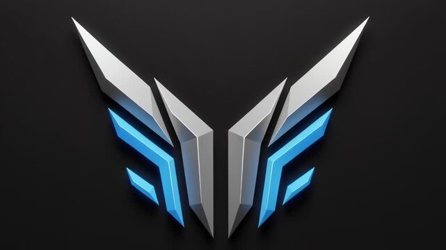 Cinematic studio animation of a modern video game logo on a matte black background with symmetrical composition and clean soft box lighting