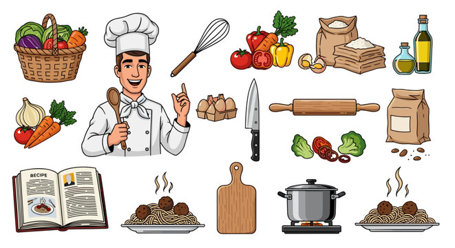 A colorful illustration of a chef surrounded by various cooking utensils and ingredients in a flat design style