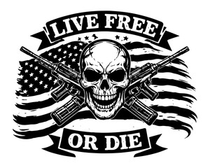 Fototapeta premium Live Free or Die Skull American Flag Rifles Patriotic Engraving Design Black White USA CNC Laser Art for Dark Surface