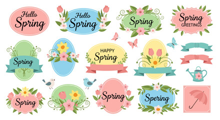 Obraz premium A colorful collection of spring-themed stickers and labels with flowers and butterflies