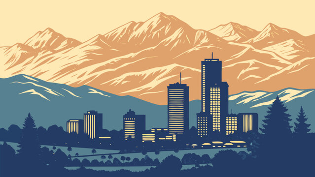 Denver cityscape with mountains, trees, and tall buildings. Ideal for travel brochures, website banners, city guides, and skyline posters.