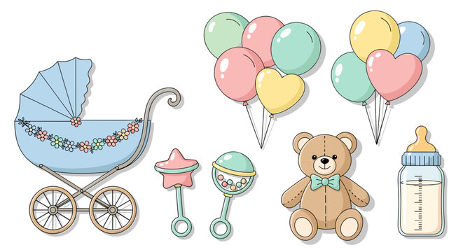 A set of baby items including a stroller, balloons, teddy bear, and bottle in a flat vector illustration