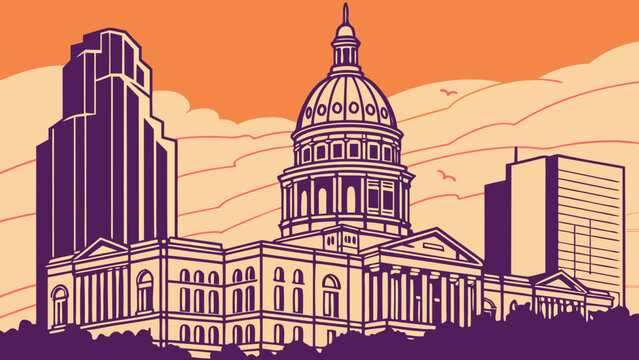 Denver skyline and austins texas state capitol contrast in this architectural vista. Suitable for travel guides, city comparisons, or urbanthemed content.