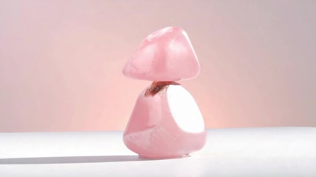 Stacked polished pink rose quartz stones on white with soft pink background